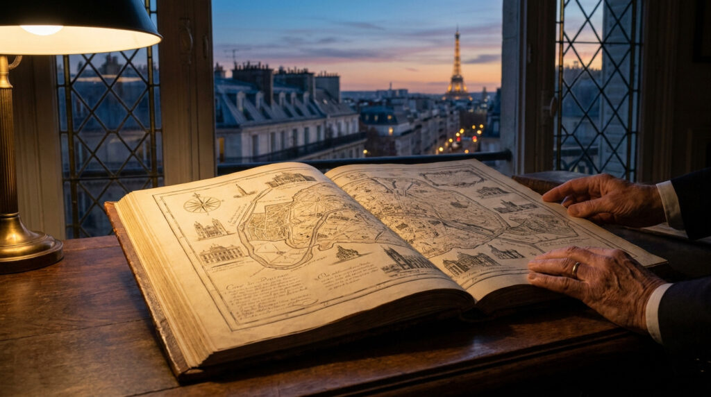 Un livre ancien ouvert sur une carte historique de Paris avec la Tour Eiffel en arrière-plan au coucher du soleil.
