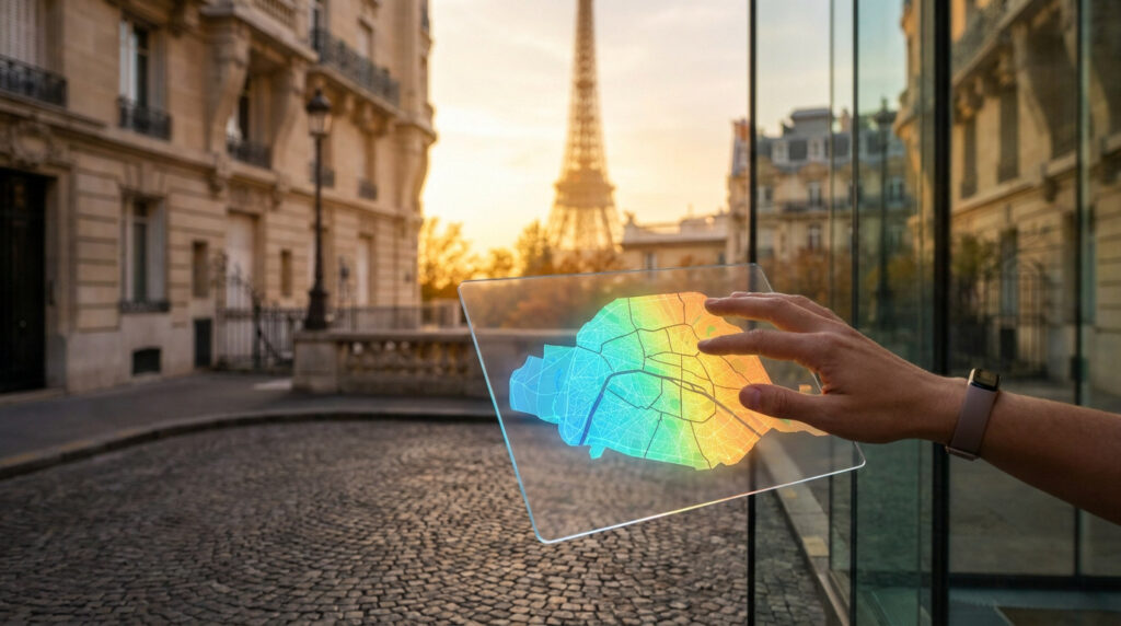 Main interagissant avec une carte thermique numérique de Paris sur une tablette transparente avec la tour Eiffel en fond.