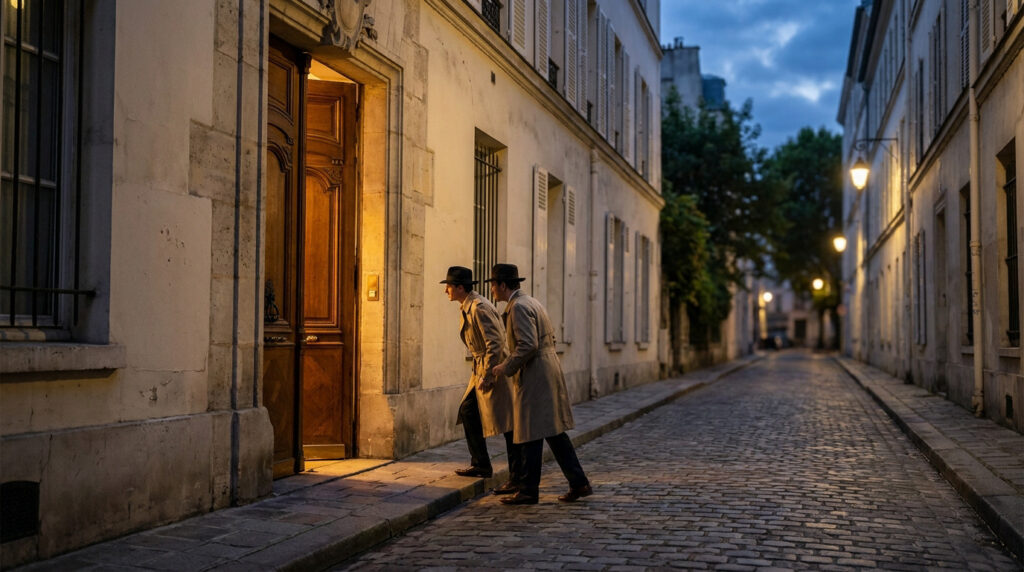 Deux hommes en trench-coat et chapeau espionnent l'entrée d'un immeuble parisien la nuit.