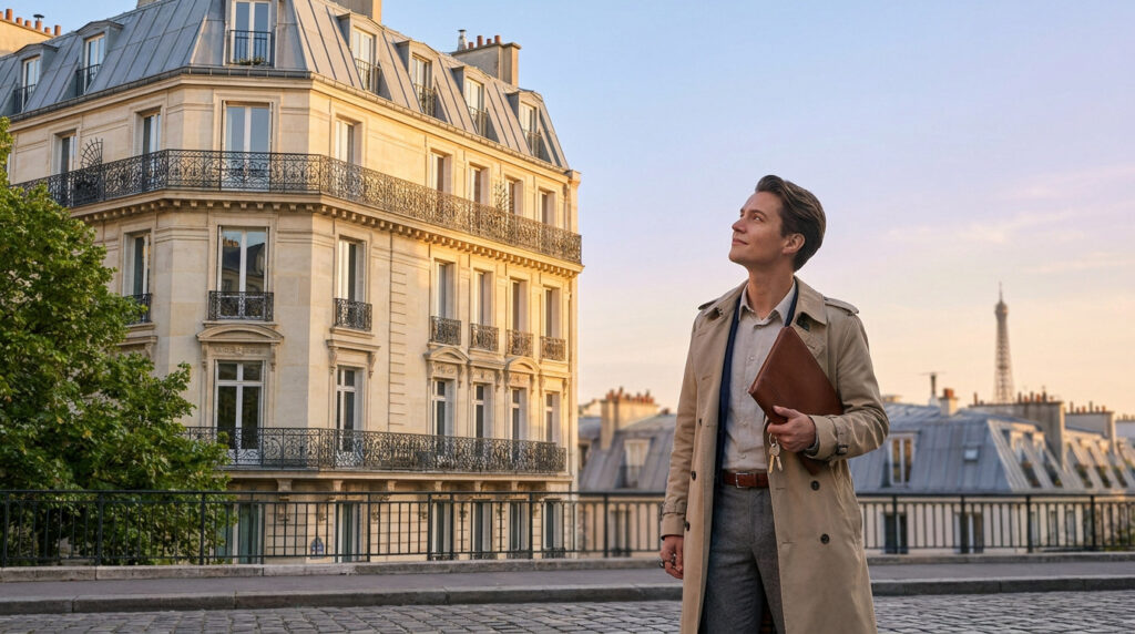 Un homme en trench-coat devant un immeuble haussmannien avec la tour Eiffel en arrière-plan à Paris.