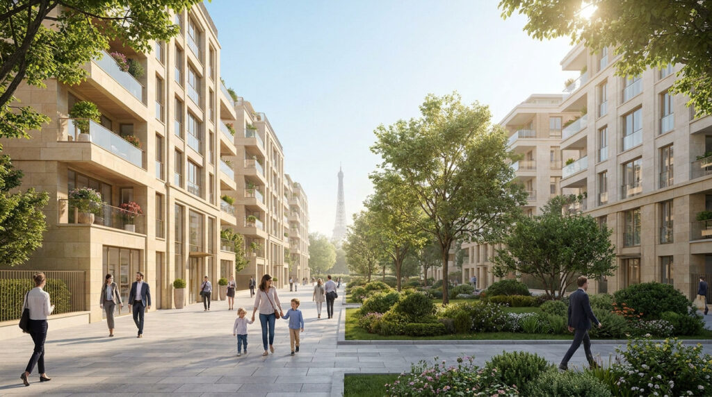 Résidence moderne avec jardins et passants, vue sur la tour Eiffel au loin.