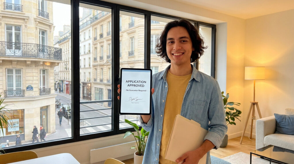 Un jeune homme souriant tenant une tablette affichant "Application Approved - No Guarantor Required" dans un appartement.