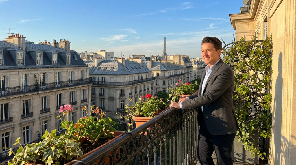 Un homme en costume sur un balcon parisien fleuri avec une vue panoramique sur les toits de Paris et la tour Eiffel.