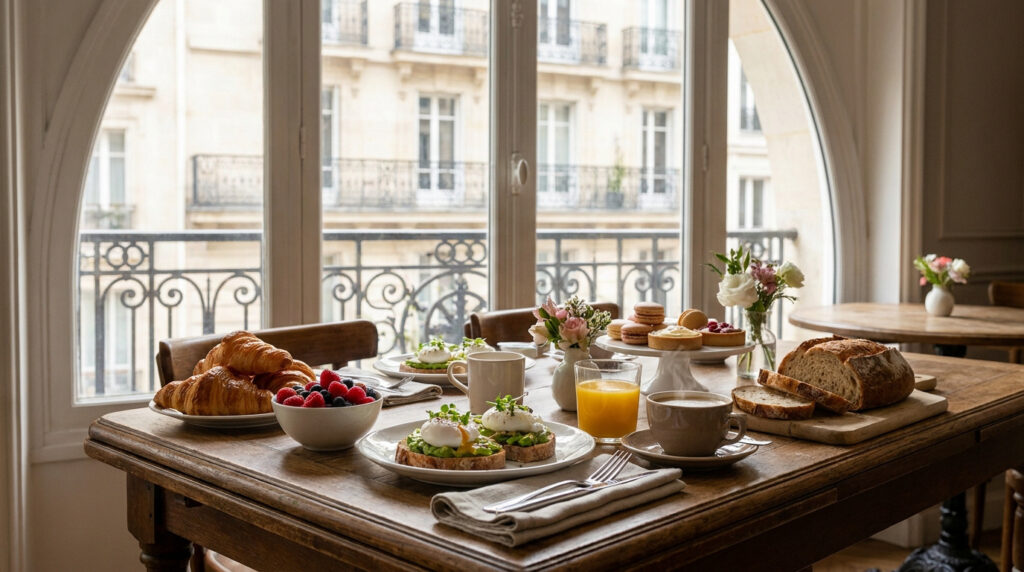 Une table de brunch garnie de croissants, toasts à l'avocat et pâtisseries devant une fenêtre arquée avec vue sur Paris.