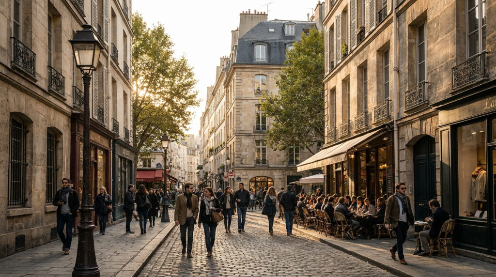 Rue pavée historique dans le 4ème arrondissement de Paris avec des passants et une terrasse de café au coucher du soleil.