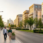 Couple marchant sur un trottoir moderne bordé d'arbres à Puteaux, avec les tours de La Défense en arrière-plan.
