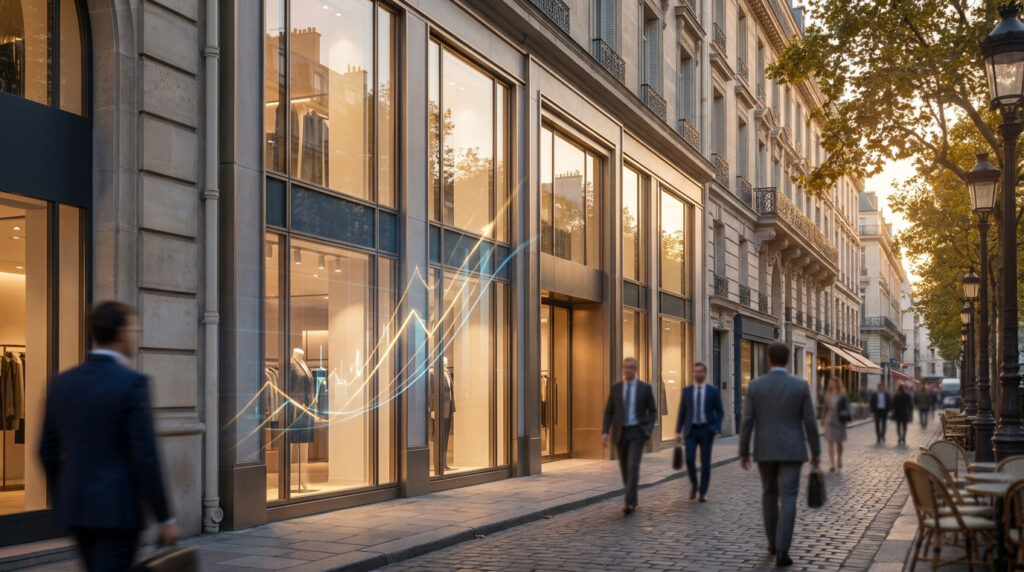 Graphique de croissance financière devant une vitrine de boutique de luxe à Paris avec des passants en costume.