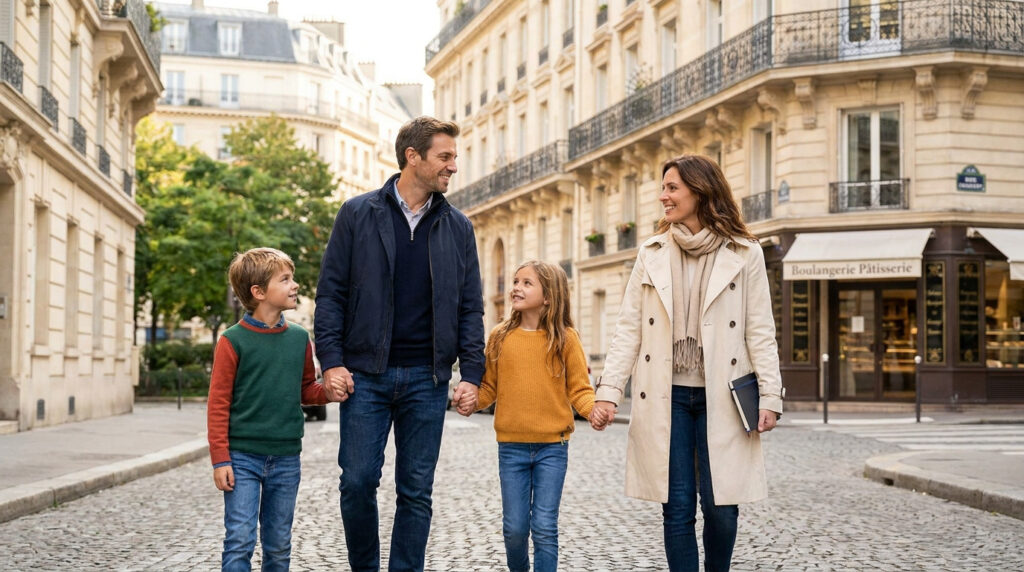 Une famille de quatre personnes marchant main dans la main sur une rue pavée typiquement parisienne.