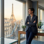 Une femme d'affaires regarde la tour Eiffel depuis un bureau moderne avec des graphiques digitaux superposés.