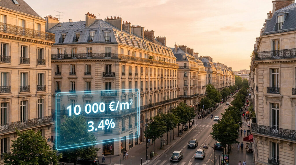 Vue aérienne d'une rue haussmannienne à Paris avec une interface numérique affichant le prix au m² et un pourcentage.