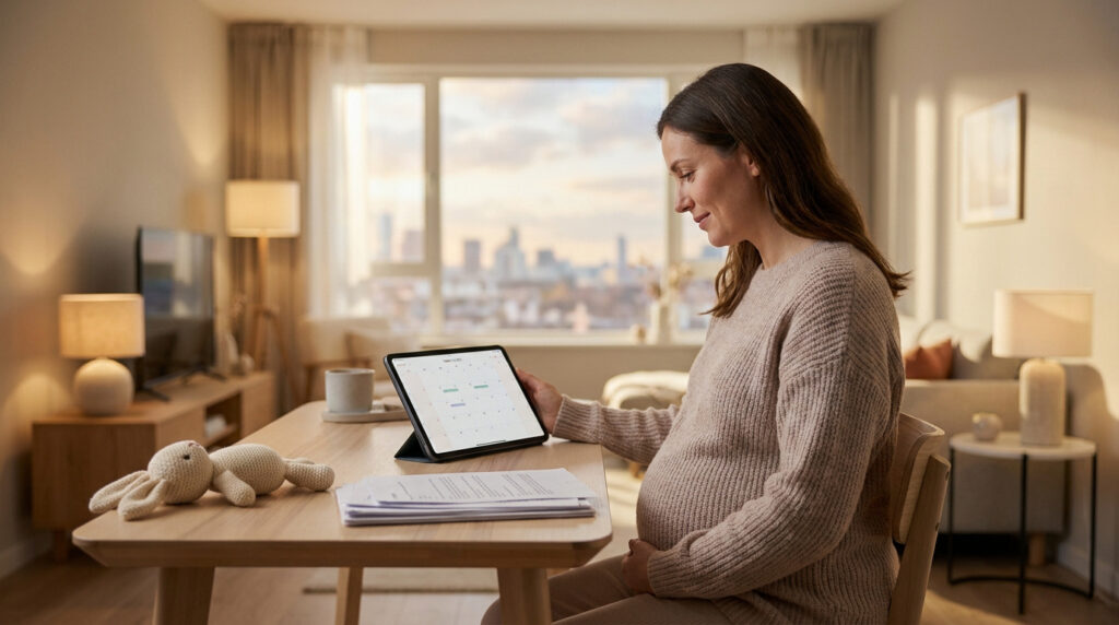 Une femme enceinte assise à une table, regardant un calendrier sur sa tablette numérique dans un salon lumineux.