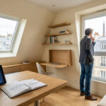 Un homme regarde la tour Eiffel depuis une chambre de service aménagée avec une tablette affichant un graphique boursier.